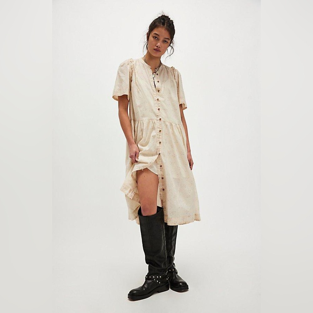 FREE PEOPLE Midi Button-Front Shirt Dress in Soft Cream